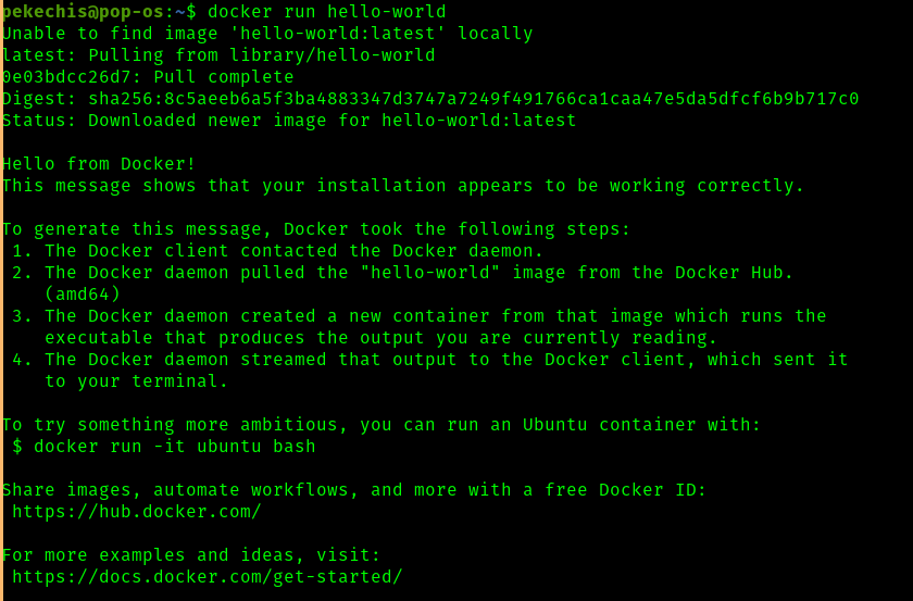 Docker Hello World!! Resultado de
la ejecución de docker run hello-world