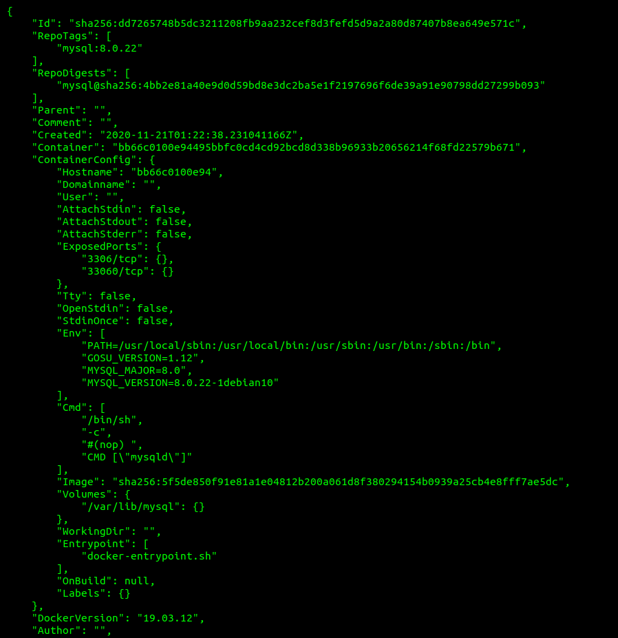 Salida del comando docker inspect
mysql:8.0.22 Salida
del comando docker inspect mysql:8.0.22